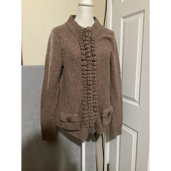 Moth Sweater Womens Large Brown Wool Ruffle Trim Zip Cardigan Anthropologie - Picture 1 of 7